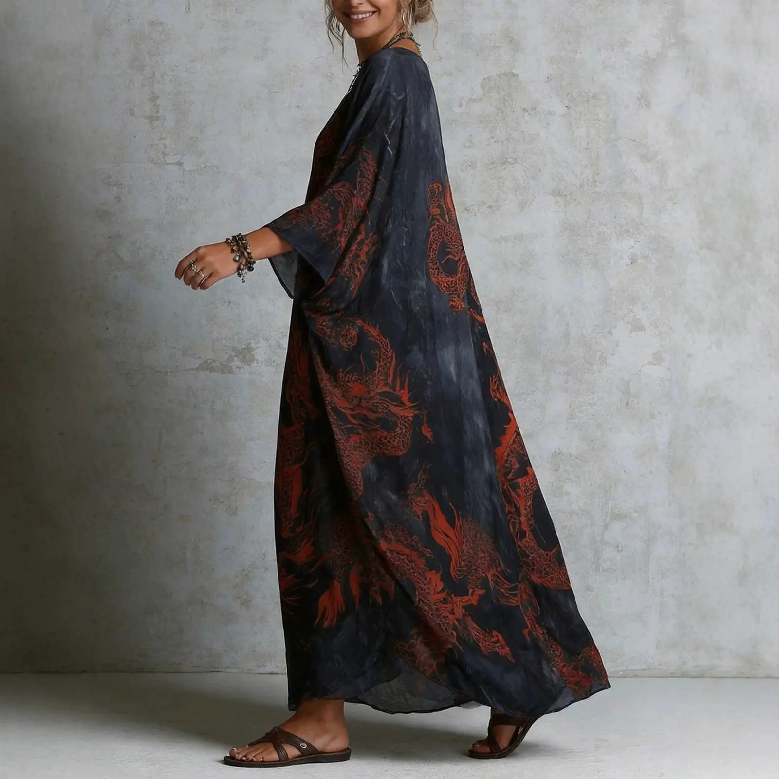 Summer Elegant Fashion V-neck Vintage Printing Robe Ladies Loose Casual Batwing Sleeve Vestido Women Comfortable Cover Up Dress