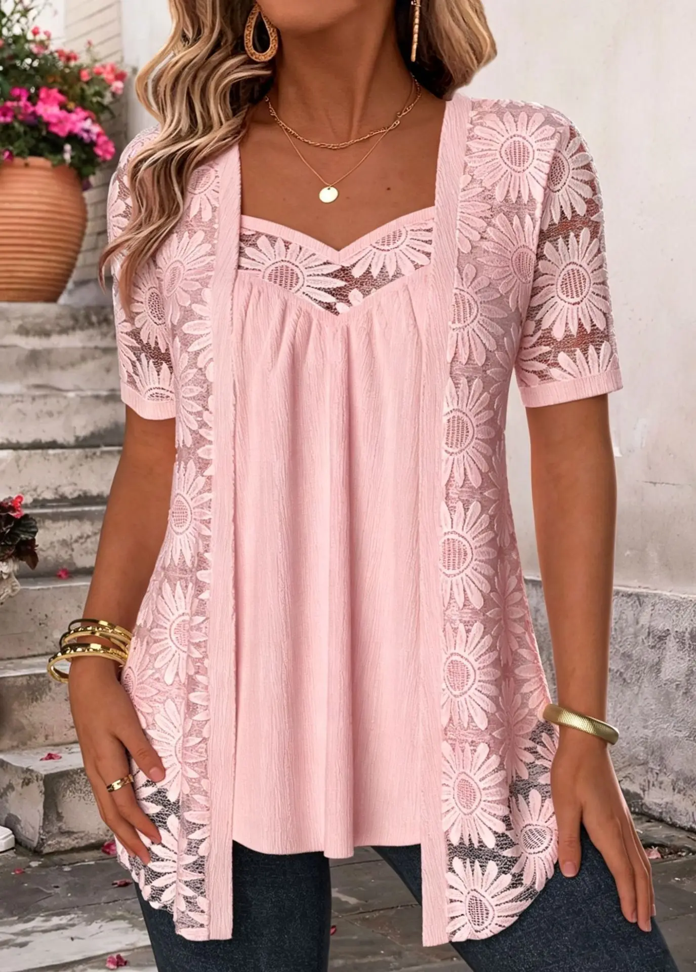 Women's Fashion Fake Two Short Sleeve Blouses Lace Hollow Out Patchwork Solid Color Cardigan Shirts Elegant Spring/Autumn 2026