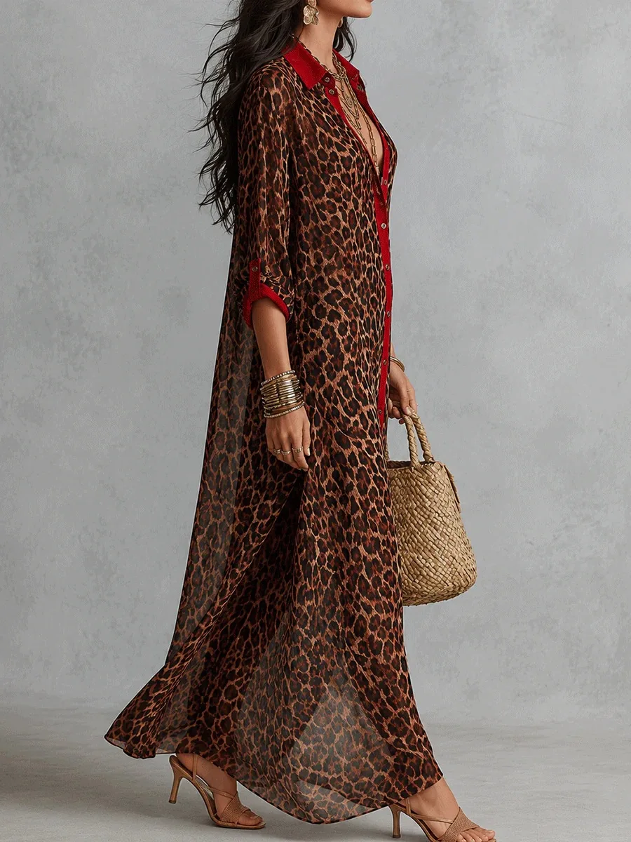 Women Leopard Print Shirt Dress Red Trim Lapel Collar Button Side Split Loose Beach Cover Up Kaftan Vacation Casual Long Dresses