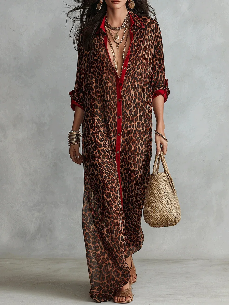 Women Leopard Print Shirt Dress Red Trim Lapel Collar Button Side Split Loose Beach Cover Up Kaftan Vacation Casual Long Dresses