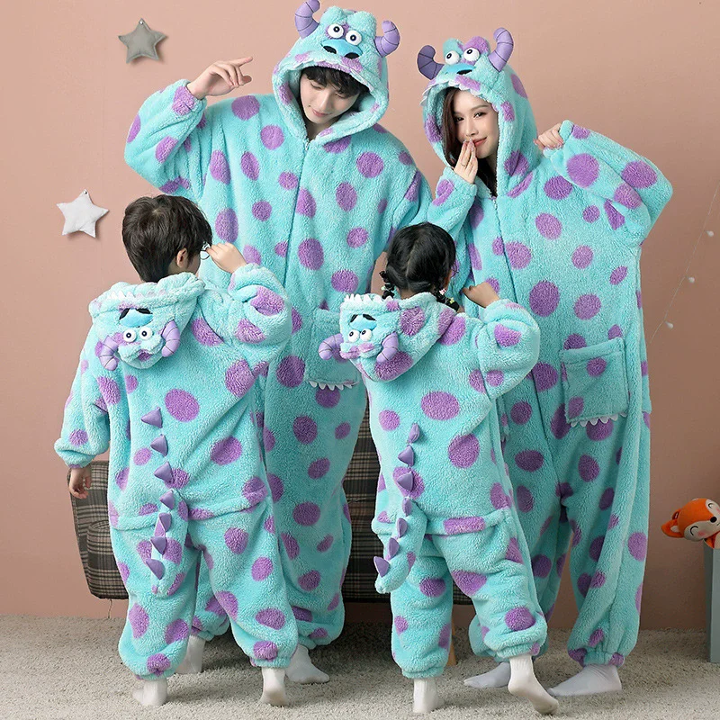 Family Monster Cosplay Sully Costume Blue Anime Outfit Coral Fleece Warm Women Men Boy Girl Halloween Christmas Onesie Jumpsuit