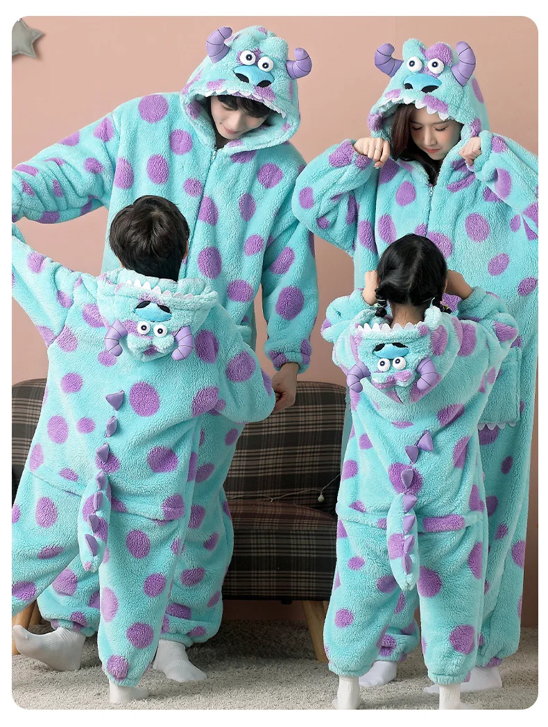 Family Monster Cosplay Sully Costume Blue Anime Outfit Coral Fleece Warm Women Men Boy Girl Halloween Christmas Onesie Jumpsuit