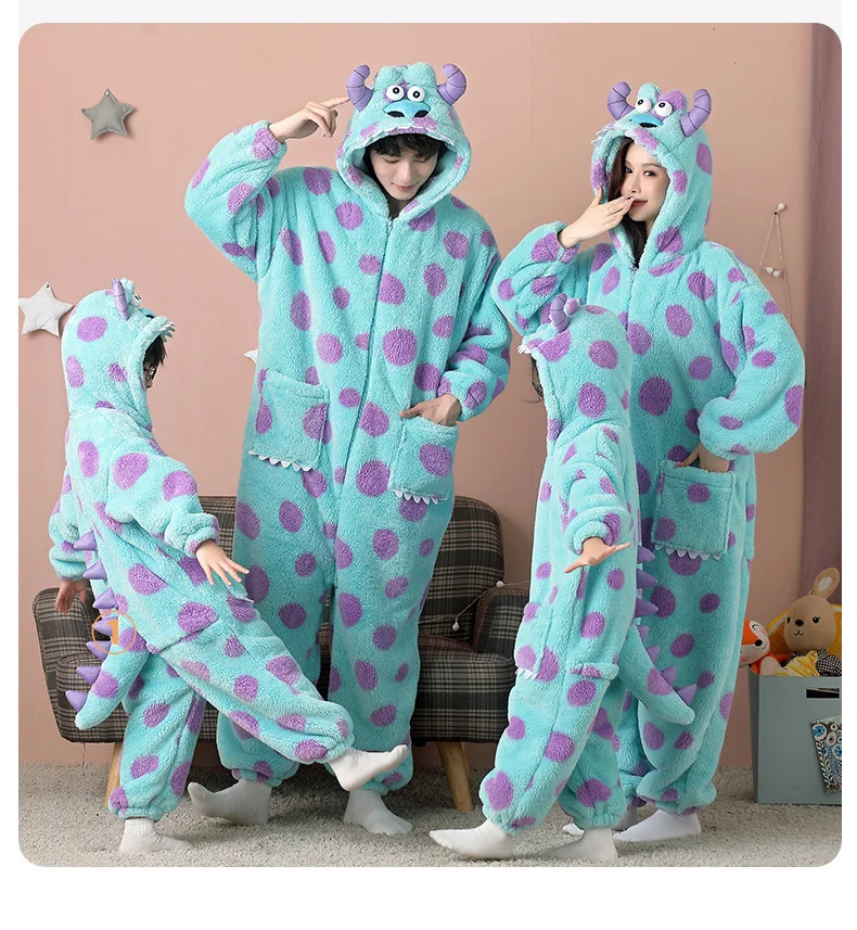 Family Monster Cosplay Sully Costume Blue Anime Outfit Coral Fleece Warm Women Men Boy Girl Halloween Christmas Onesie Jumpsuit