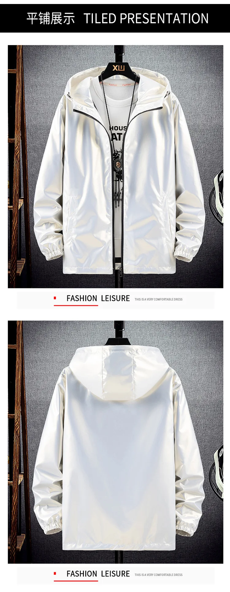 Men's Fashion Bright Surface Hooded Jackets Men Hiking Fishing Outdoor Sport Windbreak Thin Style Coats Trend Men's Clothing 7XL