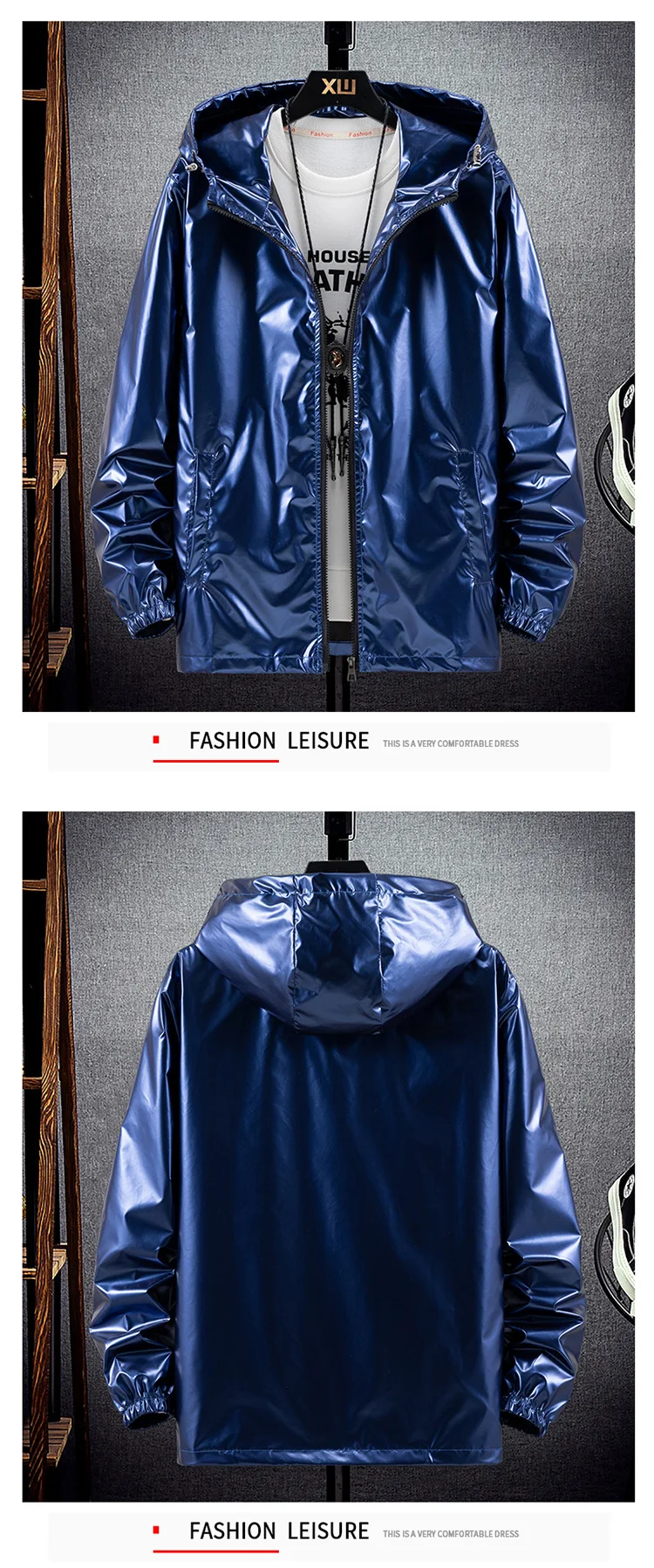 Men's Fashion Bright Surface Hooded Jackets Men Hiking Fishing Outdoor Sport Windbreak Thin Style Coats Trend Men's Clothing 7XL