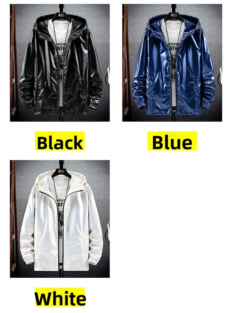 Men's Fashion Bright Surface Hooded Jackets Men Hiking Fishing Outdoor Sport Windbreak Thin Style Coats Trend Men's Clothing 7XL
