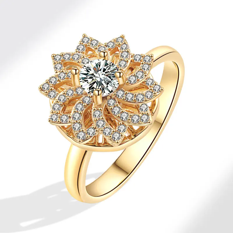 Anti-Stress And Anxiety Ring For Women Plant Flower Gold Colour Rotate Freely Fidget Metal Spinner Adjustable Open Rings Anillo