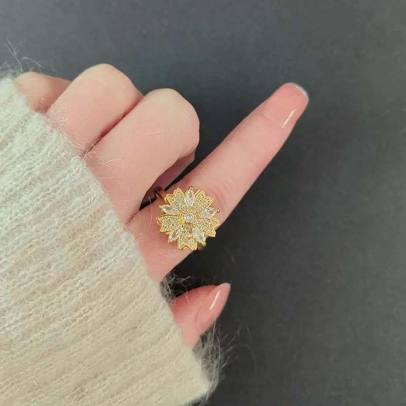 Anti-Stress And Anxiety Ring For Women Plant Flower Gold Colour Rotate Freely Fidget Metal Spinner Adjustable Open Rings Anillo