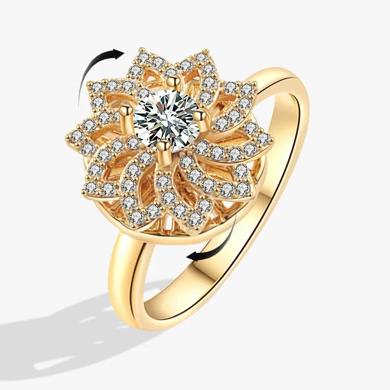 Anti-Stress And Anxiety Ring For Women Plant Flower Gold Colour Rotate Freely Fidget Metal Spinner Adjustable Open Rings Anillo