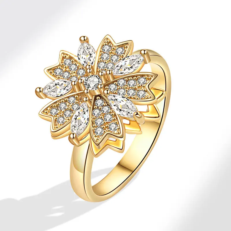 Anti-Stress And Anxiety Ring For Women Plant Flower Gold Colour Rotate Freely Fidget Metal Spinner Adjustable Open Rings Anillo
