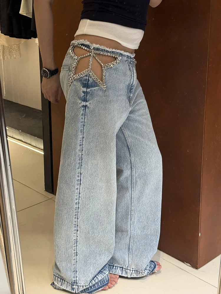 ReddaChic Star Hollow Low Waist Jeans Tall Girl ICON Glitter Diamond Loose Fit Wide Denim Leg Pants New In Hot Women Streetwear