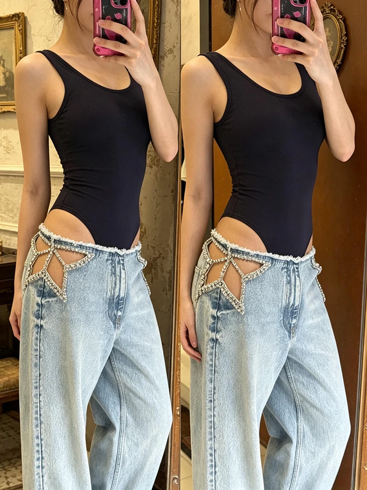 ReddaChic Star Hollow Low Waist Jeans Tall Girl ICON Glitter Diamond Loose Fit Wide Denim Leg Pants New In Hot Women Streetwear