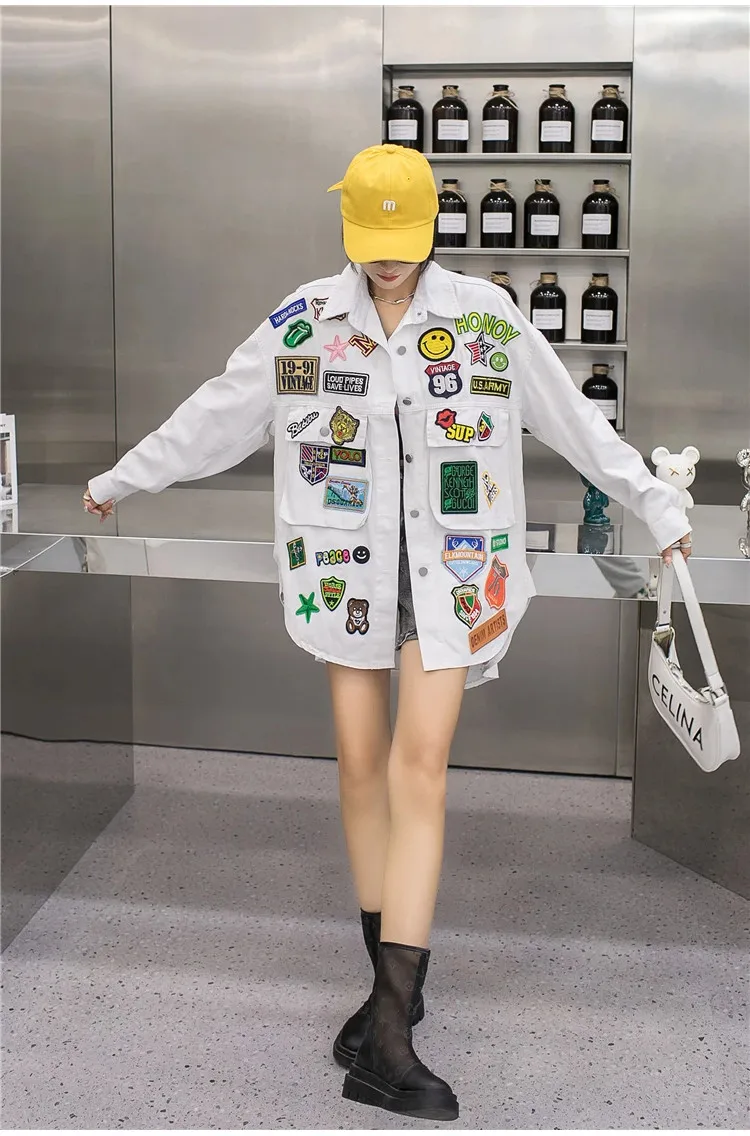 Fashion Embroidery Patches Denim Jacket Coat Women Harajuku Streetwear Hip Hop Trend Loose Jean Jackets Outerwear