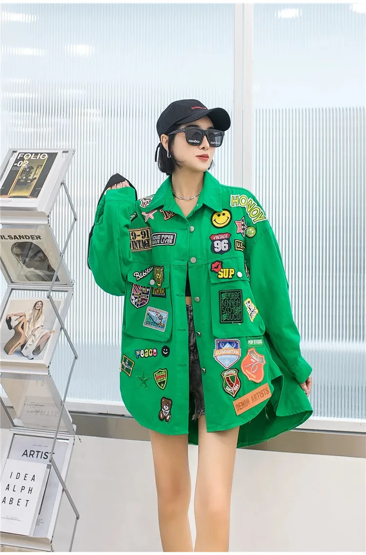 Fashion Embroidery Patches Denim Jacket Coat Women Harajuku Streetwear Hip Hop Trend Loose Jean Jackets Outerwear