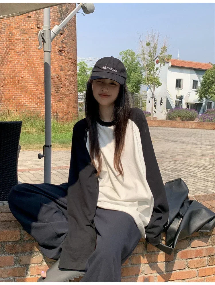 Casual Oversized T Shirt Y2k Tops Harajuku Long Sleeve O-Neck T-Shirts Spring Autumn Black White Patchwork Tees Women Streetwear