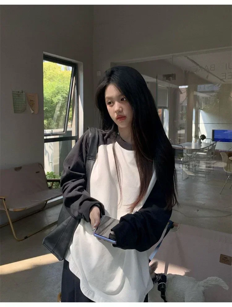 Casual Oversized T Shirt Y2k Tops Harajuku Long Sleeve O-Neck T-Shirts Spring Autumn Black White Patchwork Tees Women Streetwear