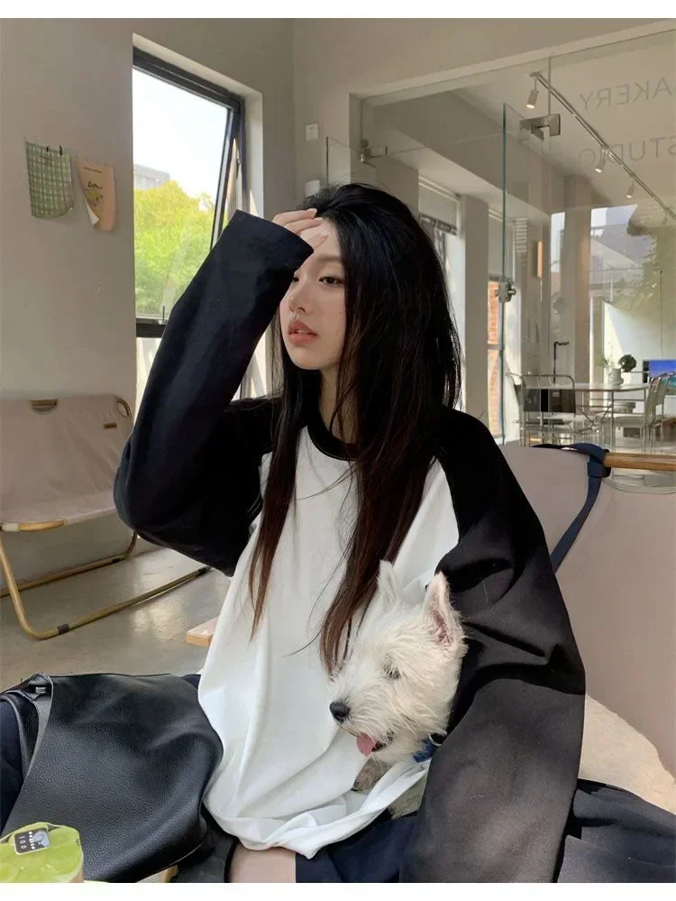 Casual Oversized T Shirt Y2k Tops Harajuku Long Sleeve O-Neck T-Shirts Spring Autumn Black White Patchwork Tees Women Streetwear