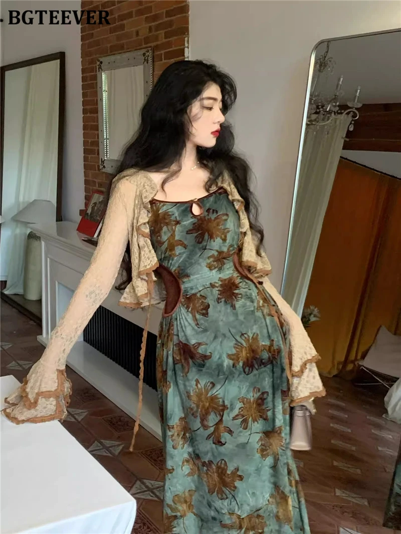 BGTEEVER Vintage Slim Women 2 Pieces Dress Set Long Sleeve Cardigans Tops & Printed Bodycon Dress Spring Fashion Ladies Outfits