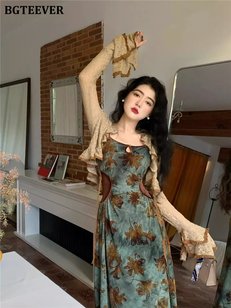 BGTEEVER Vintage Slim Women 2 Pieces Dress Set Long Sleeve Cardigans Tops & Printed Bodycon Dress Spring Fashion Ladies Outfits