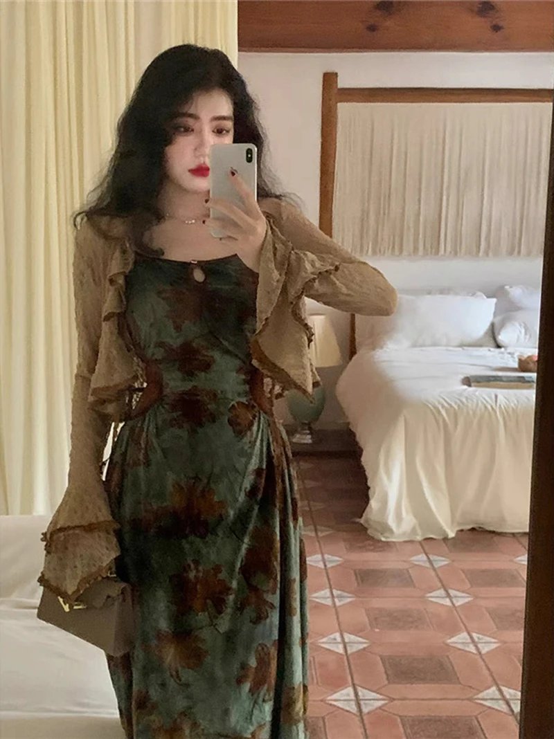 BGTEEVER Vintage Slim Women 2 Pieces Dress Set Long Sleeve Cardigans Tops & Printed Bodycon Dress Spring Fashion Ladies Outfits