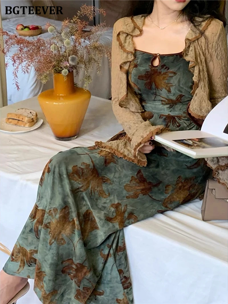 BGTEEVER Vintage Slim Women 2 Pieces Dress Set Long Sleeve Cardigans Tops & Printed Bodycon Dress Spring Fashion Ladies Outfits