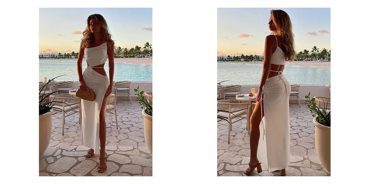 Summer Dresses For Womennew In Dresses Vacation Outfit Club Party Split Style Long Skirt Female Sexy Hollow Drawstring Dress