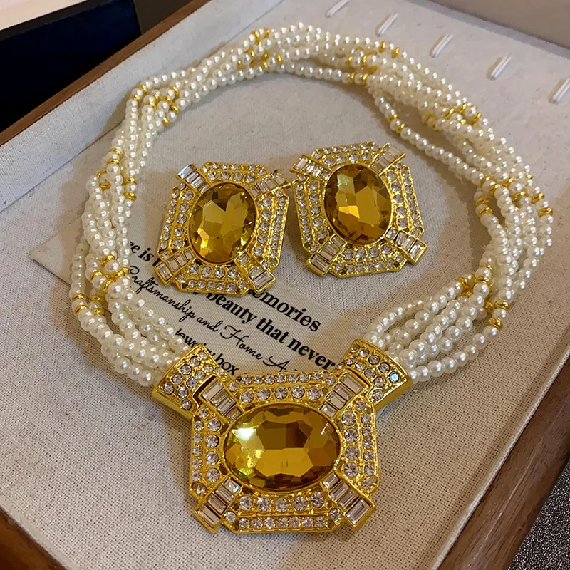 Square Rhinestone Pearl Pendant Necklaces Occidental Heavy Industry Court Style Niche Temperament Collarbone Chains Jewelry Sets