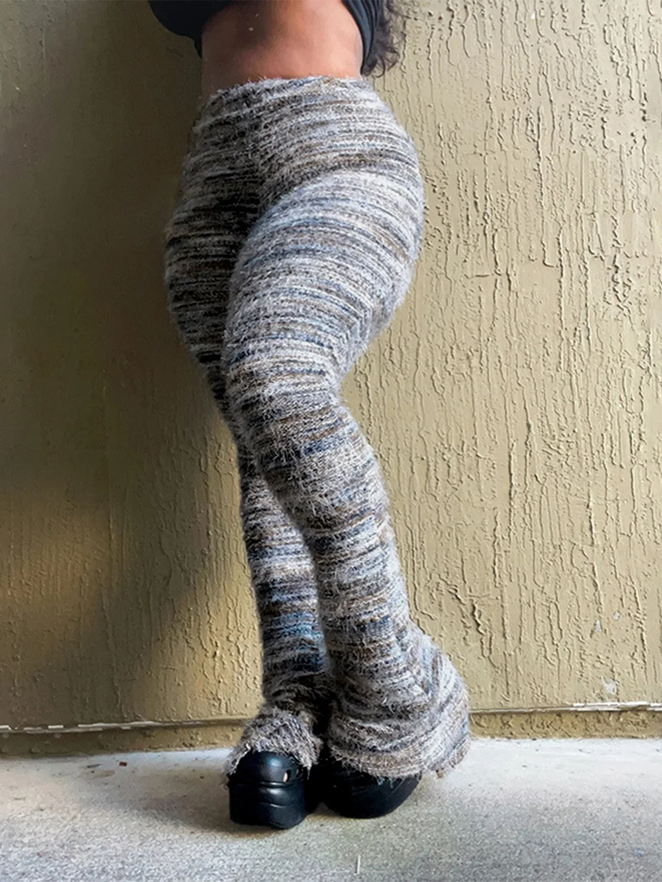 CM.YAYA Women Streetwear Knit Ribbed Striped Keep Warm Winter Flare Pants 2024 Fashion Active High Waist Trousers