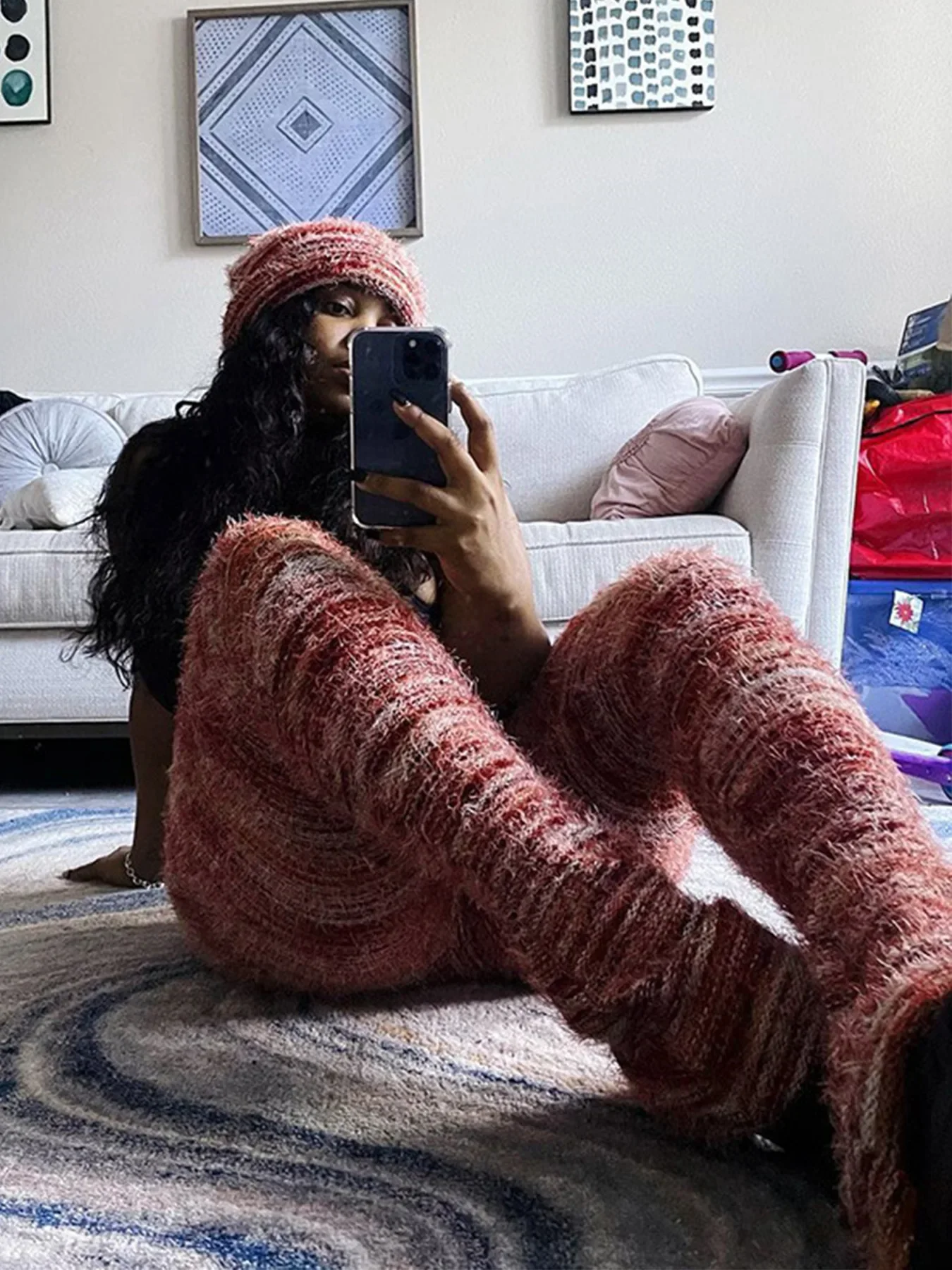 CM.YAYA Women Streetwear Knit Ribbed Striped Keep Warm Winter Flare Pants 2024 Fashion Active High Waist Trousers