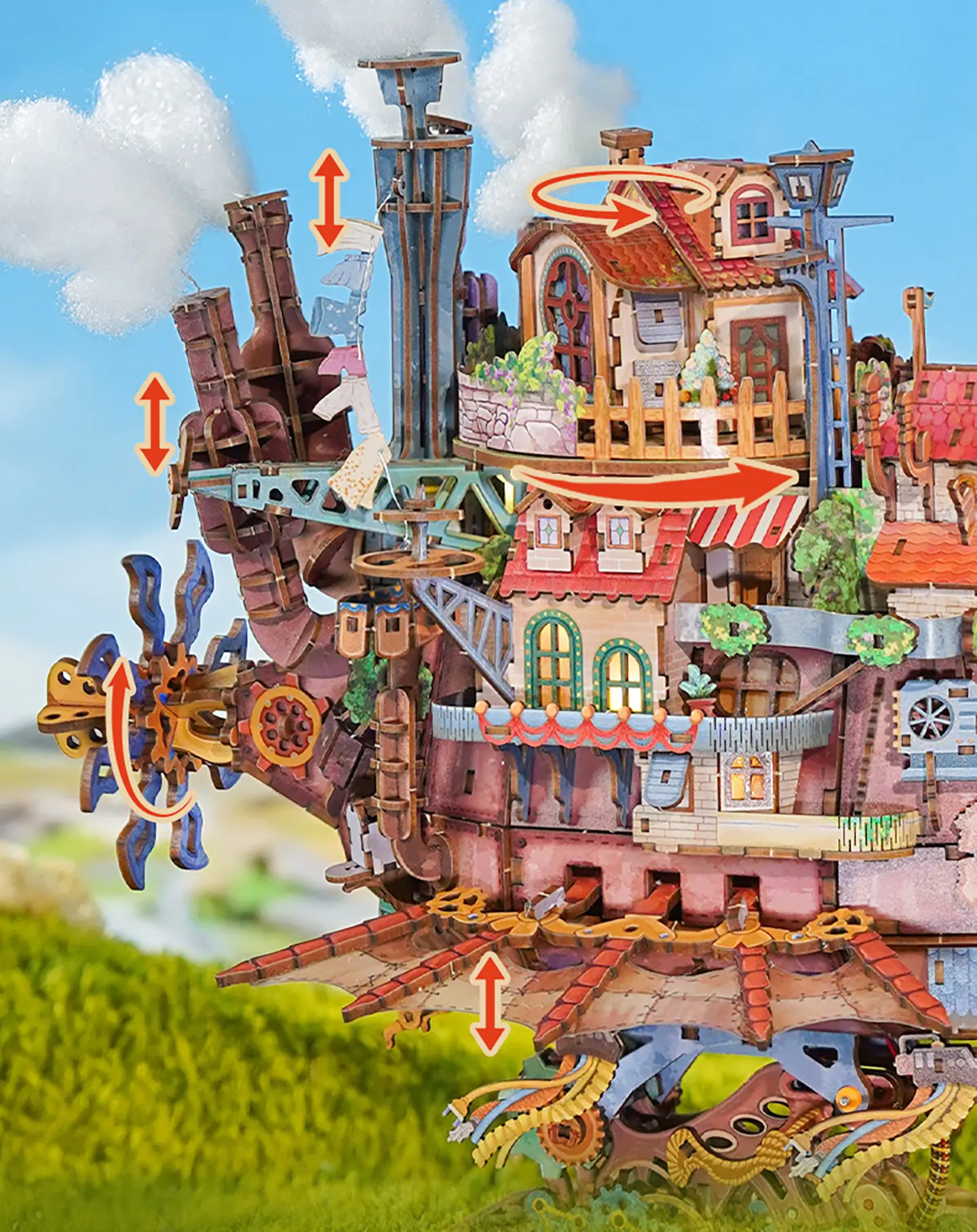 Tonecheer Travel Vessel Howl's Moving Castle Wooden Puzzle Building Blocks Diorama Model Kit Dollhouse 3D Wooden Birthday Gift