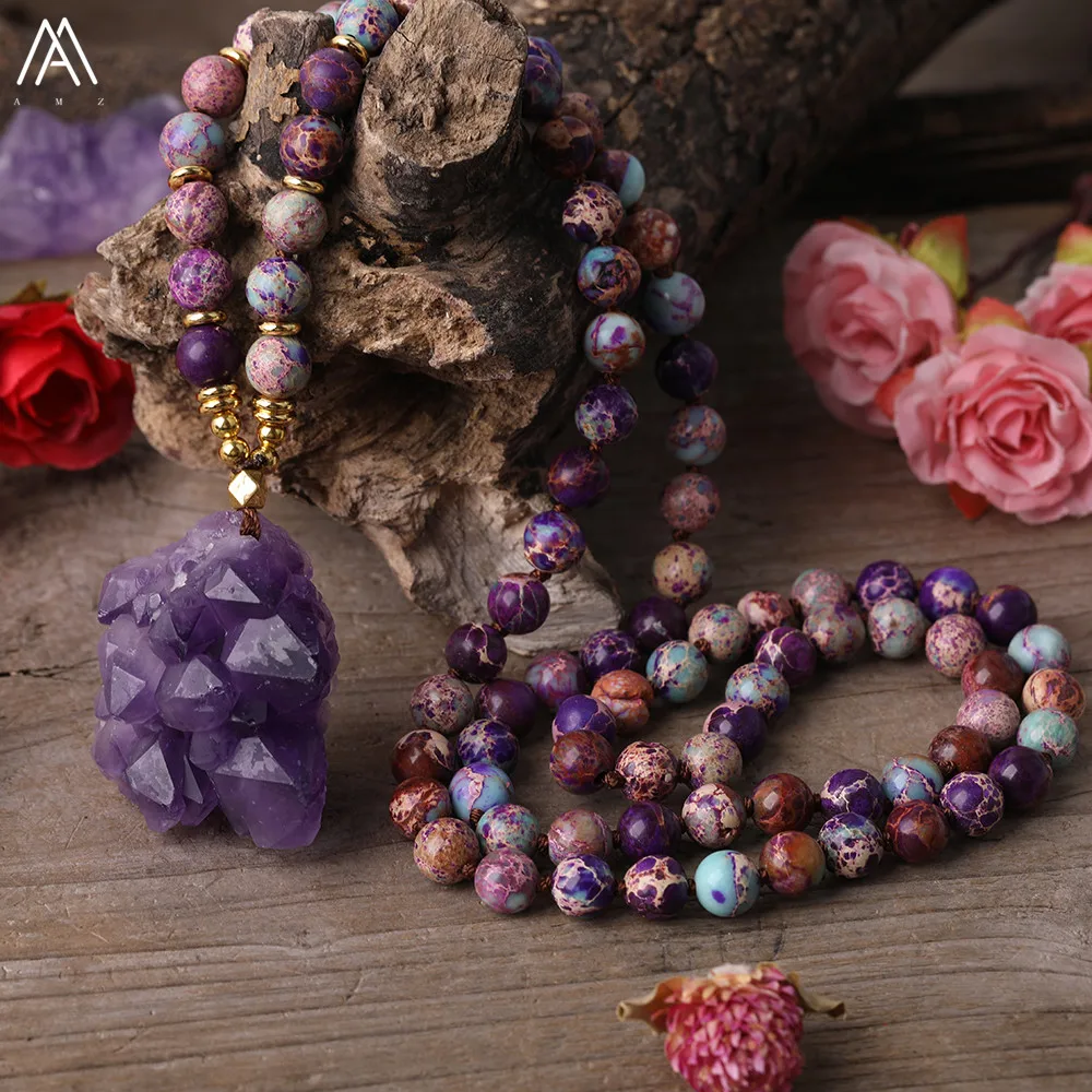 Natural Amethysts Quartz Druzy Chunky Pendant 8mm Round Sea Sediment Jaspers Beads Knot Handmade Necklace For Women Yoga Jewelry
