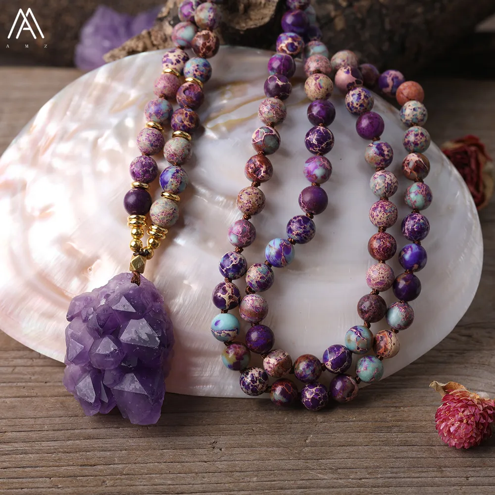 Natural Amethysts Quartz Druzy Chunky Pendant 8mm Round Sea Sediment Jaspers Beads Knot Handmade Necklace For Women Yoga Jewelry