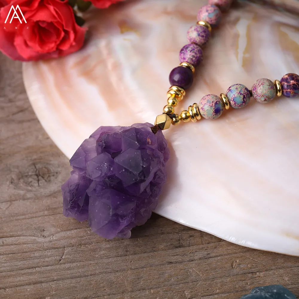 Natural Amethysts Quartz Druzy Chunky Pendant 8mm Round Sea Sediment Jaspers Beads Knot Handmade Necklace For Women Yoga Jewelry