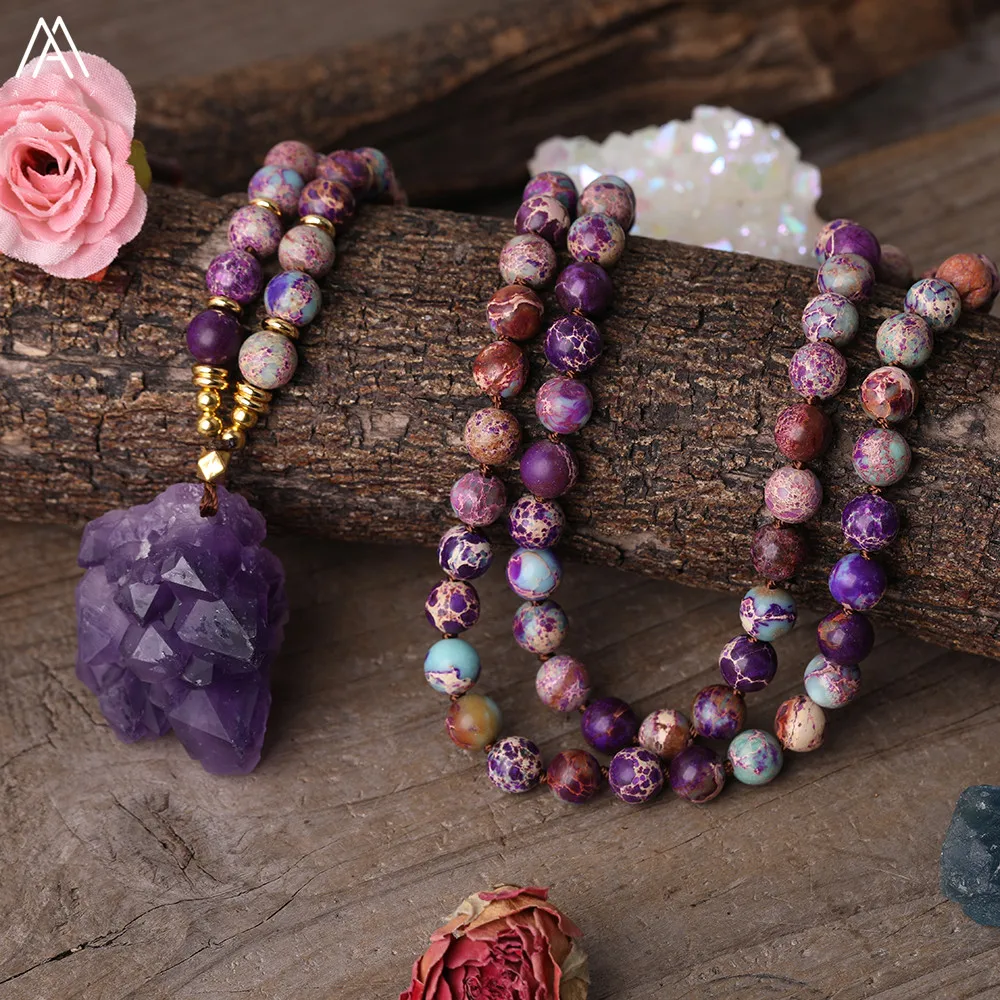 Natural Amethysts Quartz Druzy Chunky Pendant 8mm Round Sea Sediment Jaspers Beads Knot Handmade Necklace For Women Yoga Jewelry
