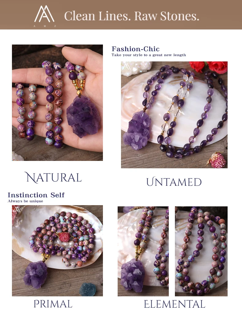 Natural Amethysts Quartz Druzy Chunky Pendant 8mm Round Sea Sediment Jaspers Beads Knot Handmade Necklace For Women Yoga Jewelry