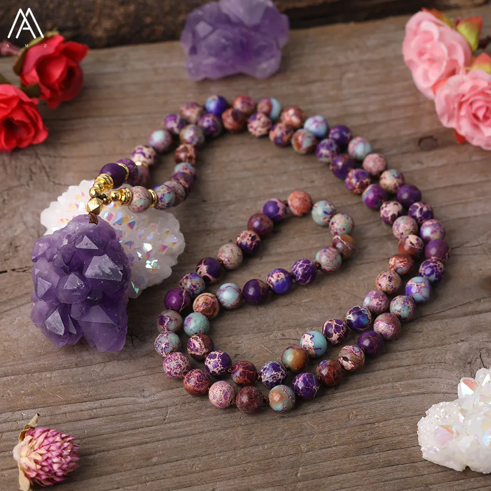 Natural Amethysts Quartz Druzy Chunky Pendant 8mm Round Sea Sediment Jaspers Beads Knot Handmade Necklace For Women Yoga Jewelry