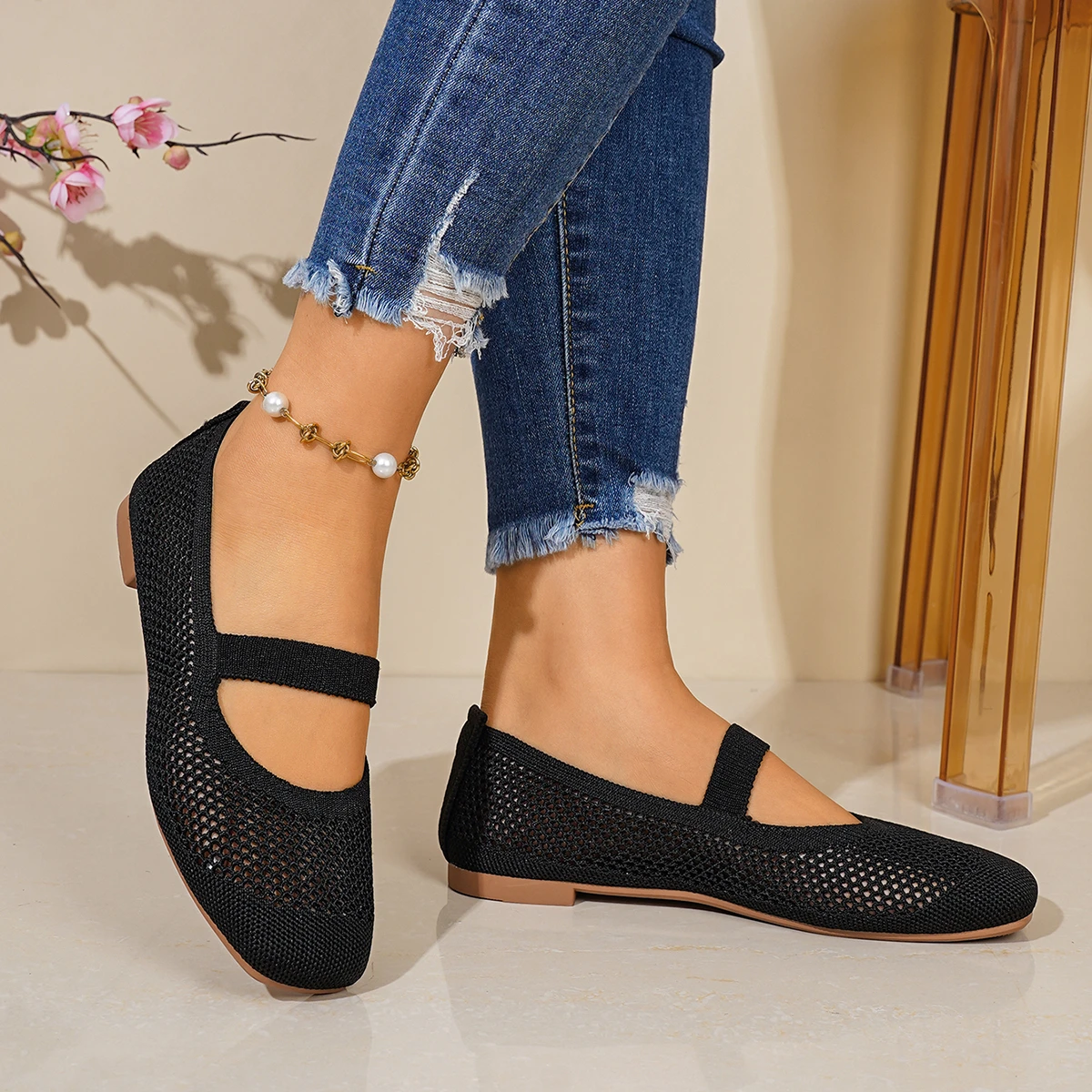 Women Flats Shoes Slip on Foldable Loafers for Women Square Toe Single Shoes Hollow Out Fashion Mom Casual Shoes for Ladies