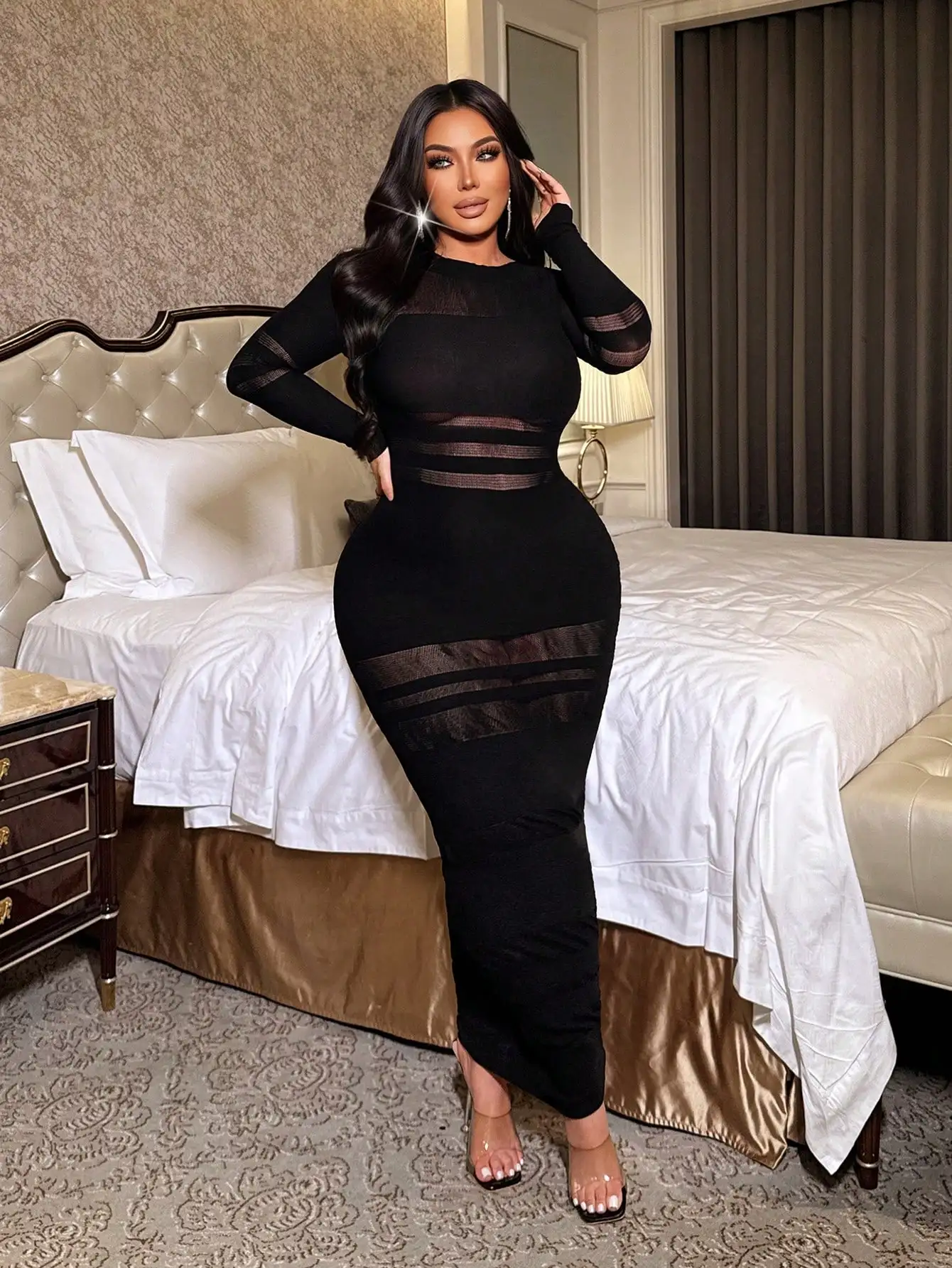 Women's Sexy Long Sleeve Midi Dress Sheer Mesh Stripe Pattern Patchwork Bodycon Party Dress Club Evening Outfit
