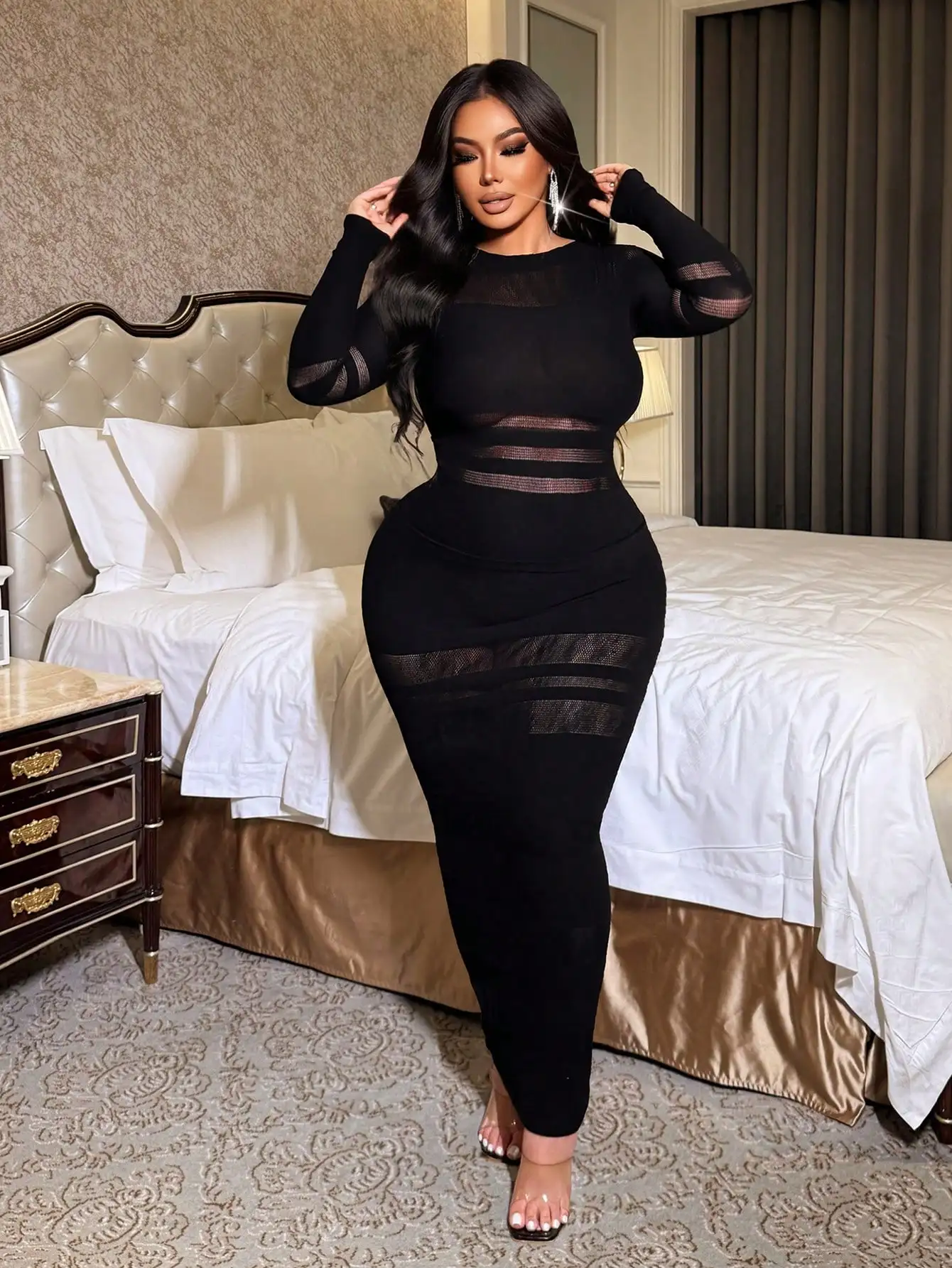 Women's Sexy Long Sleeve Midi Dress Sheer Mesh Stripe Pattern Patchwork Bodycon Party Dress Club Evening Outfit