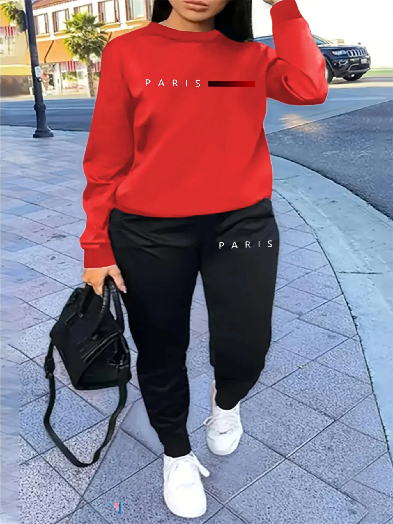Women's Autumn and Winter Hip-Hop Casual Street Fashion Paris Letter Printed Round Neck Sports Shirt + Sports Pants Warm Suit