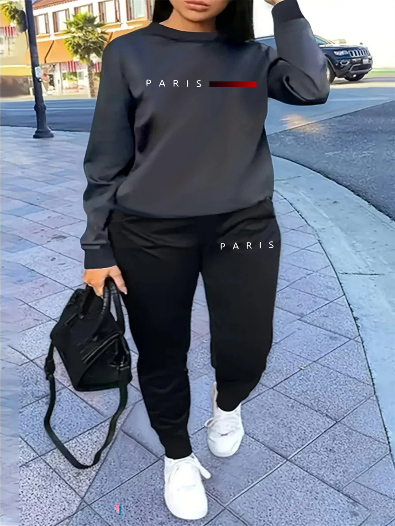 Women's Autumn and Winter Hip-Hop Casual Street Fashion Paris Letter Printed Round Neck Sports Shirt + Sports Pants Warm Suit