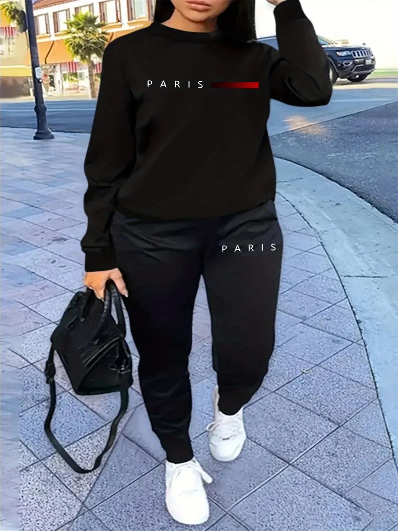 Women's Autumn and Winter Hip-Hop Casual Street Fashion Paris Letter Printed Round Neck Sports Shirt + Sports Pants Warm Suit