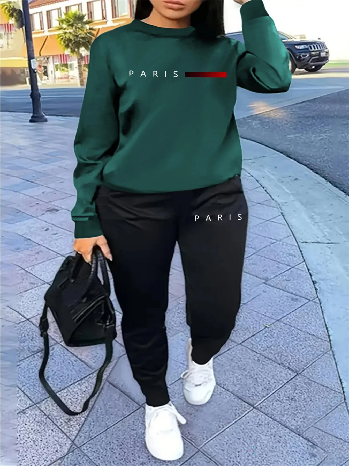 Women's Autumn and Winter Hip-Hop Casual Street Fashion Paris Letter Printed Round Neck Sports Shirt + Sports Pants Warm Suit