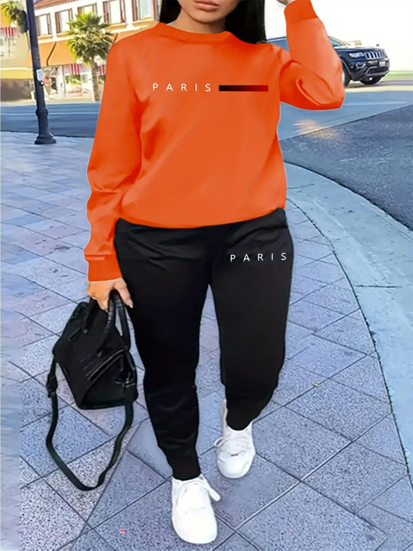 Women's Autumn and Winter Hip-Hop Casual Street Fashion Paris Letter Printed Round Neck Sports Shirt + Sports Pants Warm Suit