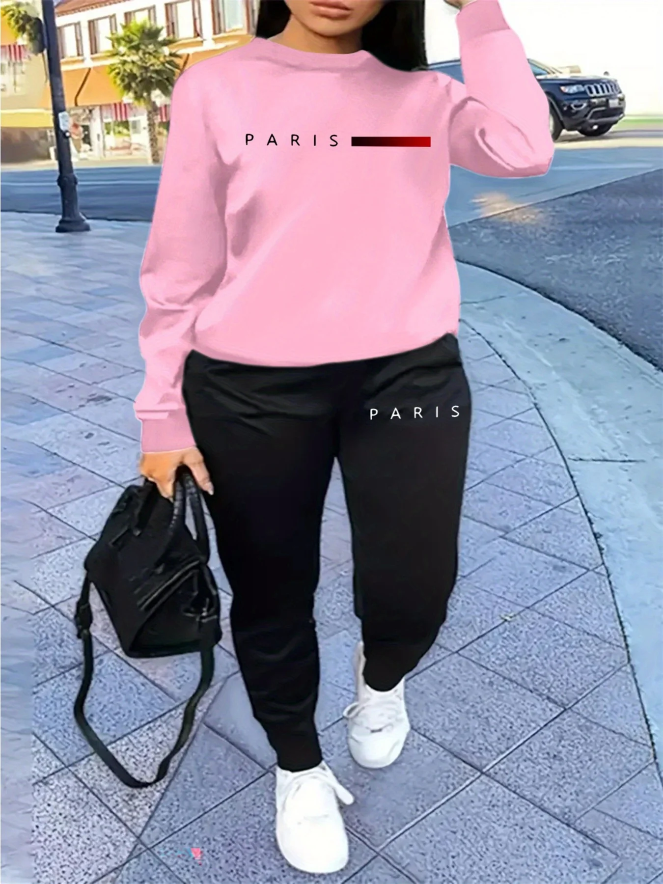Women's Autumn and Winter Hip-Hop Casual Street Fashion Paris Letter Printed Round Neck Sports Shirt + Sports Pants Warm Suit