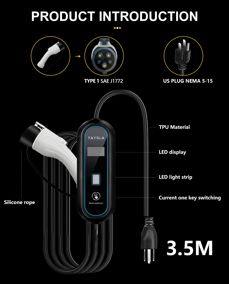 TAYNIU 3.5KW 16A Portable EV Charger NEMA5-15 Plug Type 2 GB/T Type 1 J1772 Electric Car Charger for BYD Changan Aedo Plus