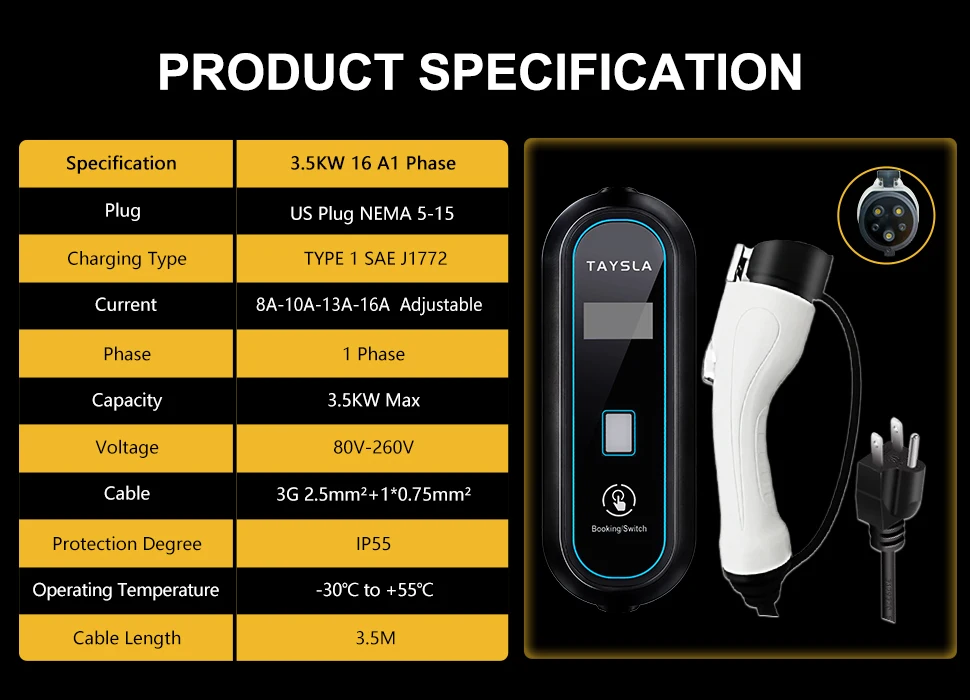 TAYNIU 3.5KW 16A Portable EV Charger NEMA5-15 Plug Type 2 GB/T Type 1 J1772 Electric Car Charger for BYD Changan Aedo Plus