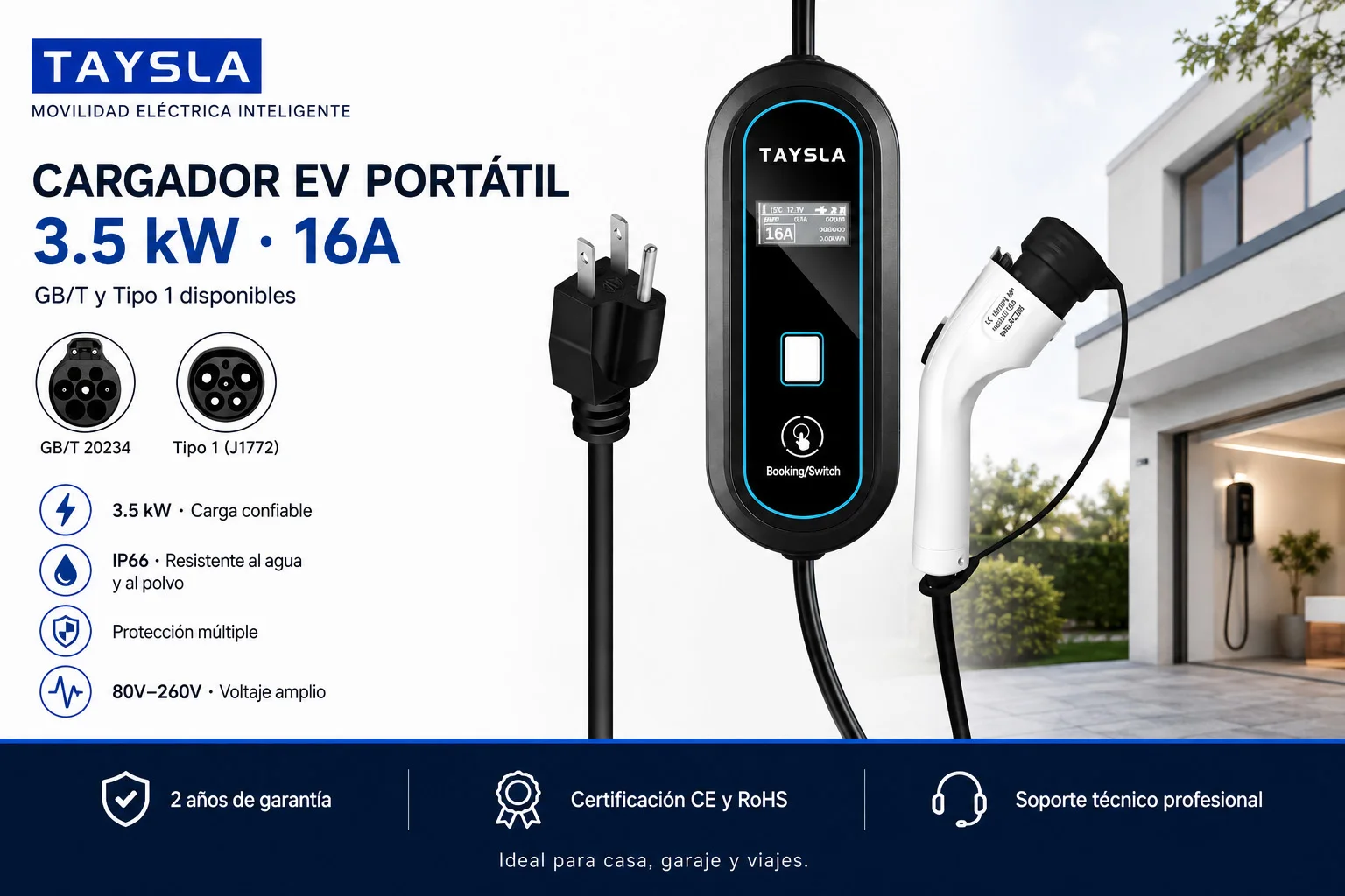TAYNIU 3.5KW 16A Portable EV Charger NEMA5-15 Plug Type 2 GB/T Type 1 J1772 Electric Car Charger for BYD Changan Aedo Plus