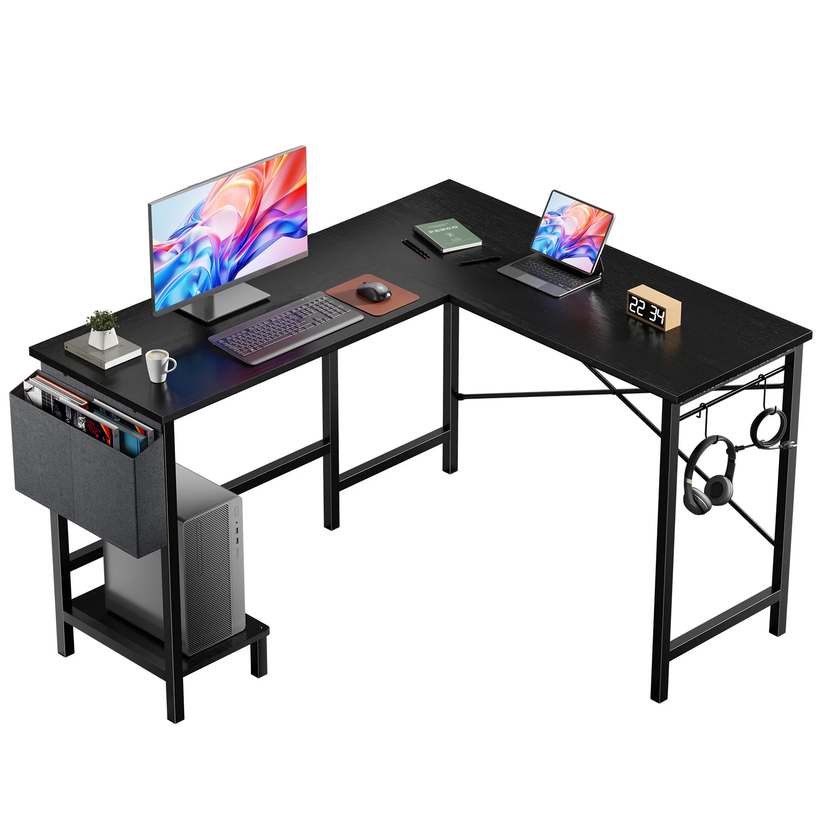 MCQ L Shaped Standing Office Computer Desk with Storage Bag and Side Hook Ergonomic Computer Corner Gaming Desk with PC Stand for Home Office Use Workstation