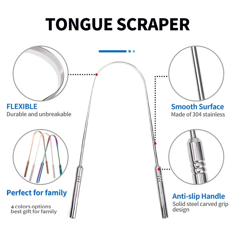 4Colors Stainless Steel Tongue Scraper Metal Tongue Fresh Breath Cleaning Coated Toothbrush Oral Hygiene Scrapper Cleaning Tools